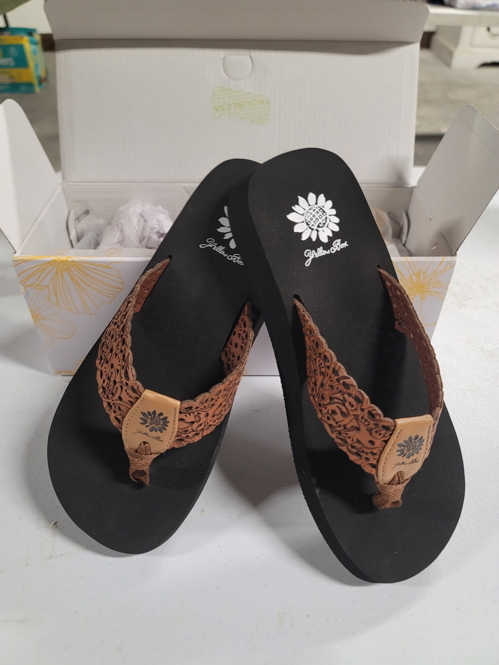 Yellow Box Black Sandal Flip Flops with Brown Crochet Straps